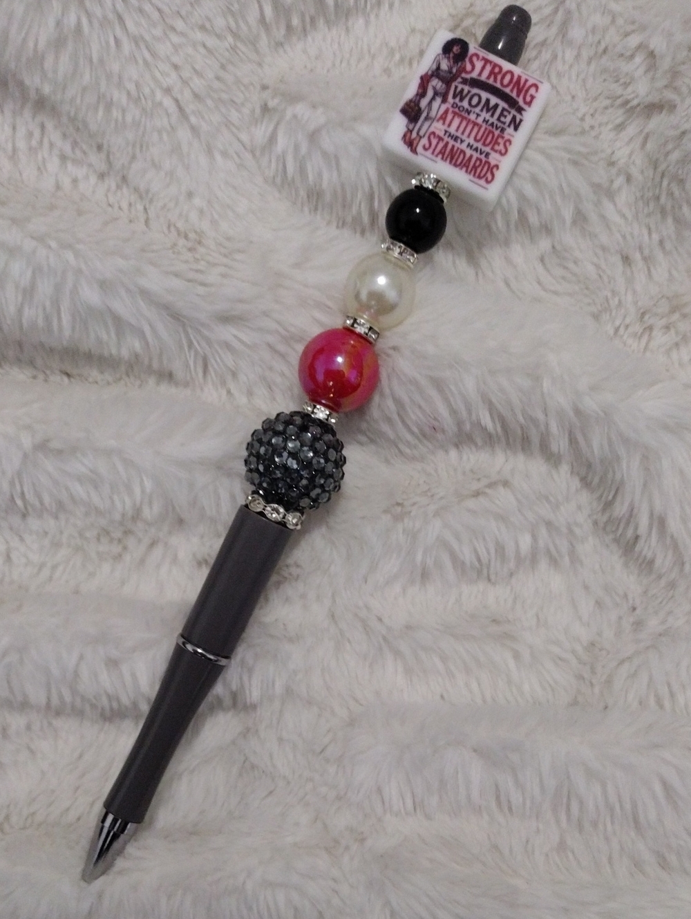 Decorative Gray Beaded Ballpoint Pen - Strong Women Accent